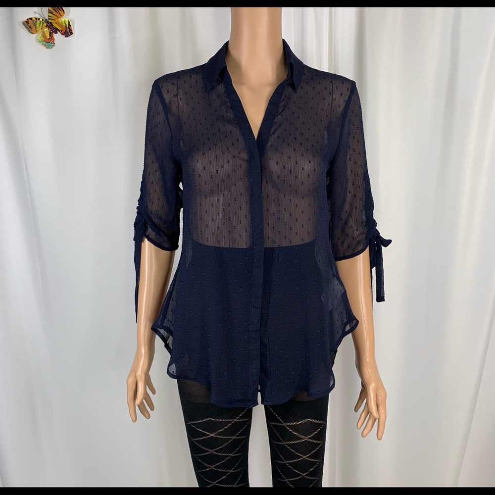 Express Navy Blue Sheer Clip Dot Shirt